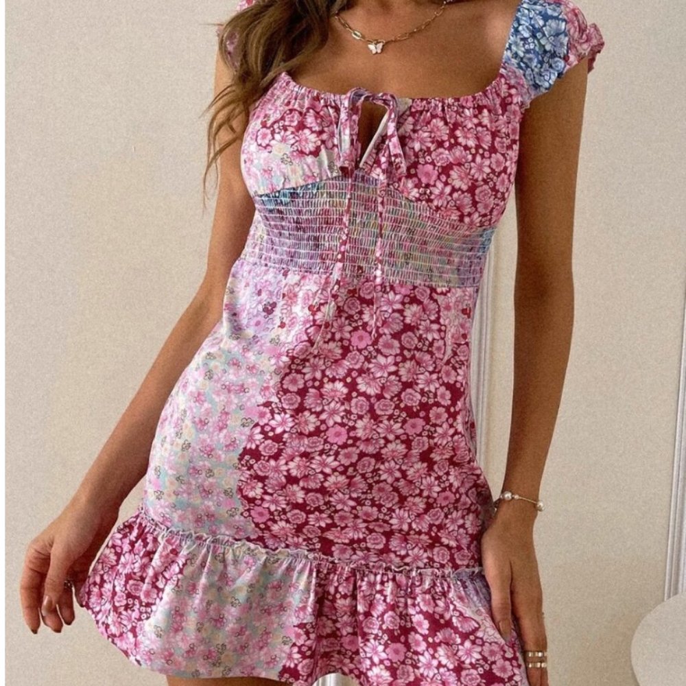 SHEIN Floral Patchwork Mini Dress - Pink and Blue